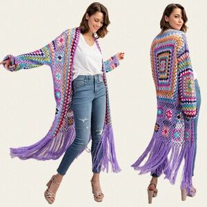 Colorful Granny Square Crochet Fringe Cardigan duster